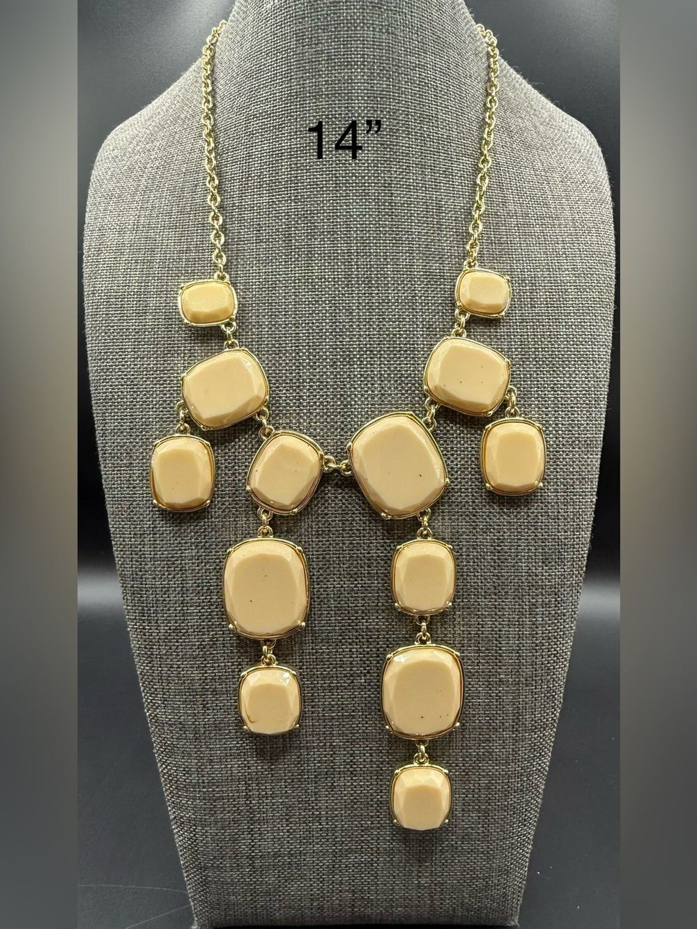 257. Gold Tone Cream Nude Cabochon Tiered Cascading Bib Statement Necklace